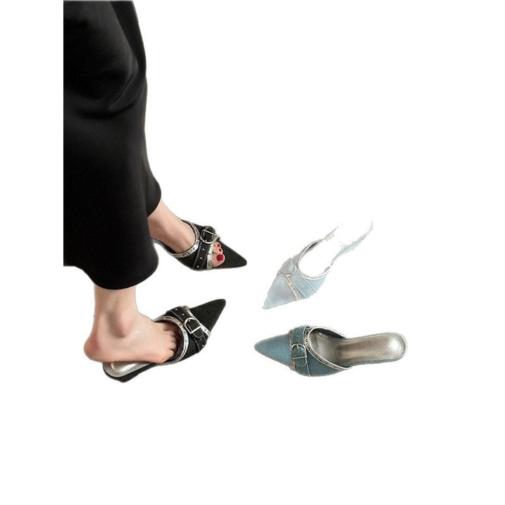 Damen Spitz zulaufende Schlupf‑Mules mit doppeltem Schnallenriemen und metallischer Einfassung Drune