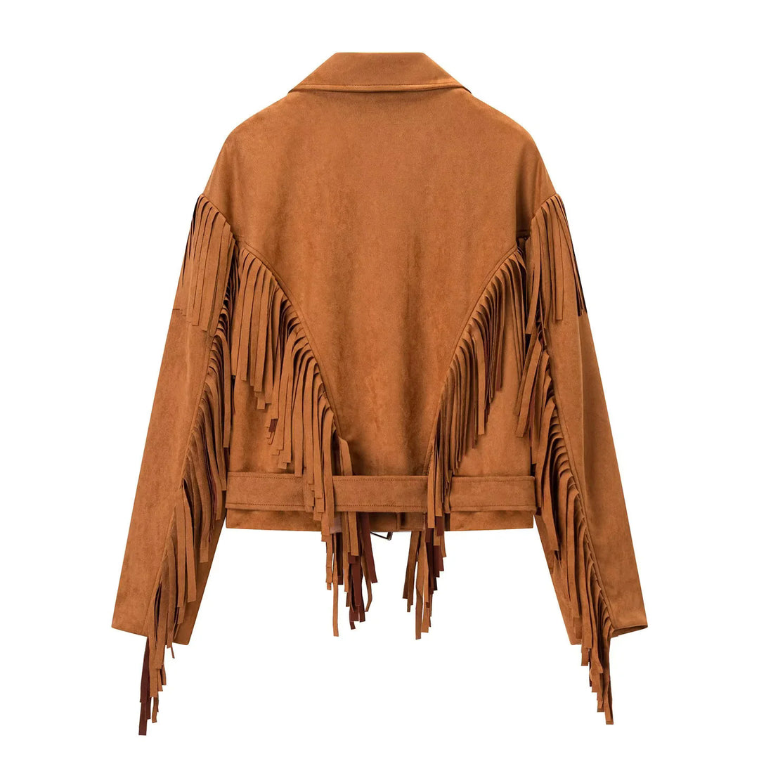 Damen nan taillierte Fransenjacke im Wildlederlook mit Gürtel und asymmetrischem Reißverschluss Drune