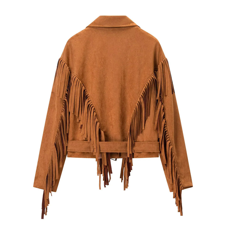 Damen nan taillierte Fransenjacke im Wildlederlook mit Gürtel und asymmetrischem Reißverschluss Drune