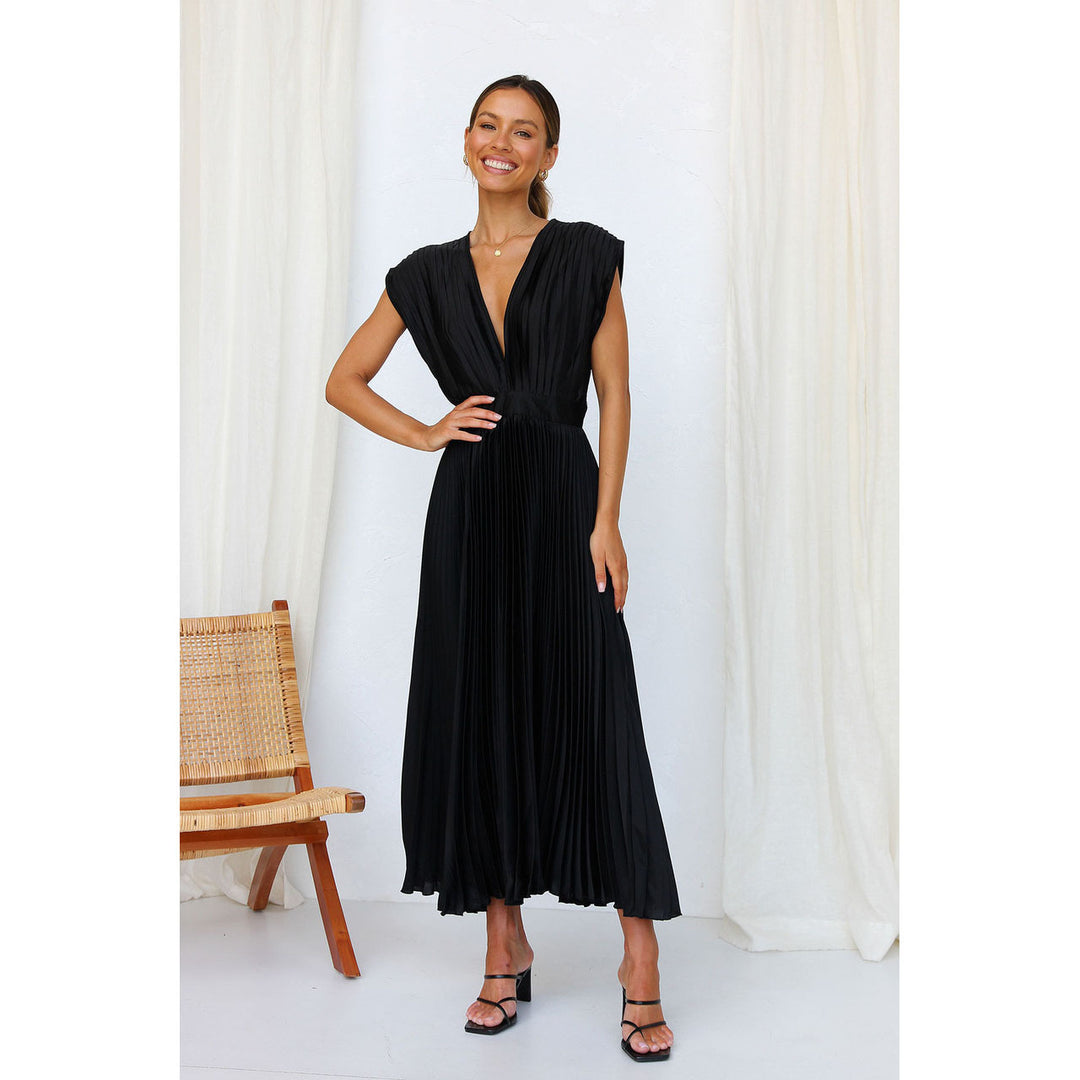 Damen Plissiertes Maxikleid mit tiefem V-Ausschnitt und fließendem Schnitt Drune
