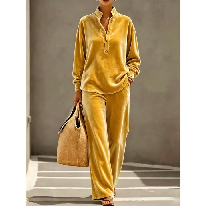 Damen Velours-Loungewear-Set mit Stehkragen-Henleytop und weiter Palazzohose Drune