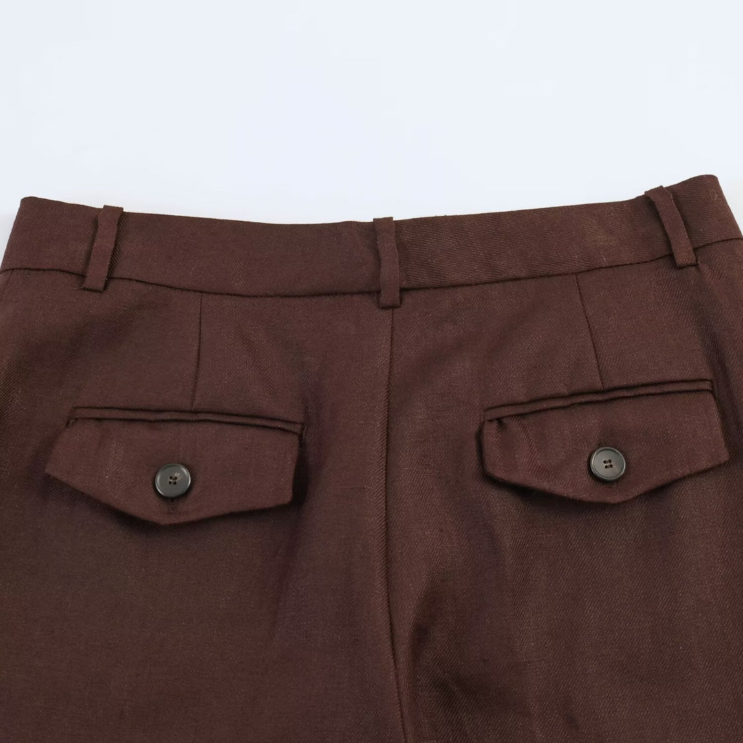 Damen Gerade geschnittene Leinenmisch-Hose mit hohem Bund, Bügelfalte und Eingrifftaschen Drune