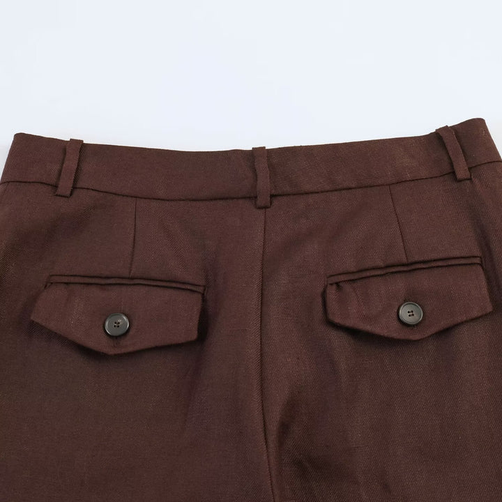 Damen Gerade geschnittene Leinenmisch-Hose mit hohem Bund, Bügelfalte und Eingrifftaschen Drune