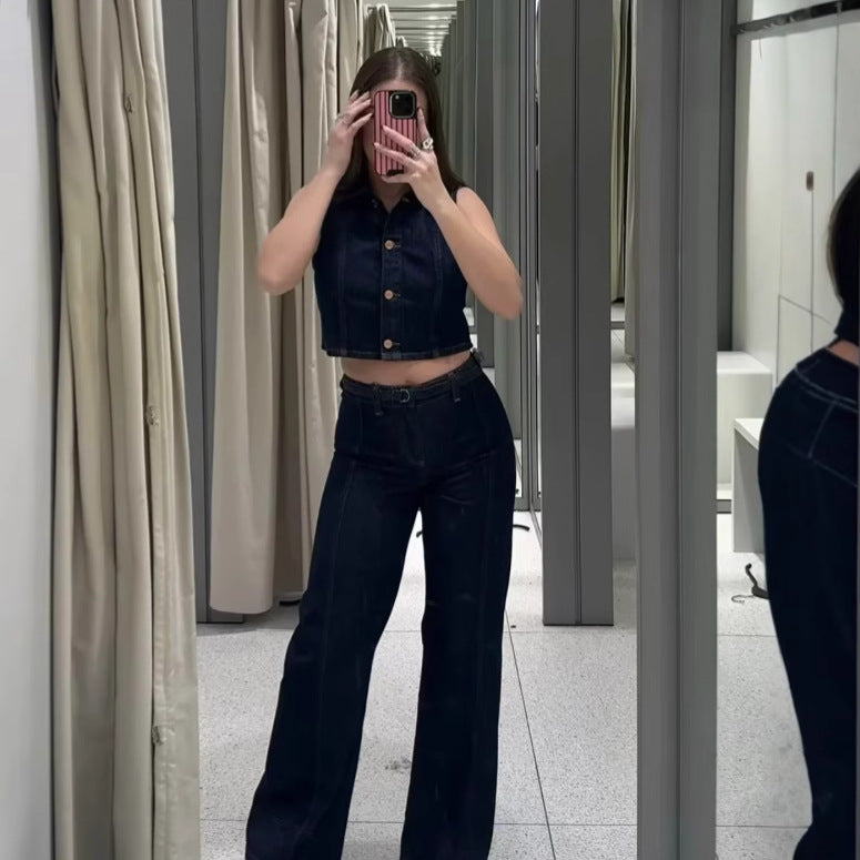 Damen weit geschnittene Jeanshose mit Bindegürtel und eleganter Silhouette Drune