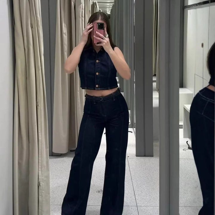 Damen weit geschnittene Jeanshose mit Bindegürtel und eleganter Silhouette Drune