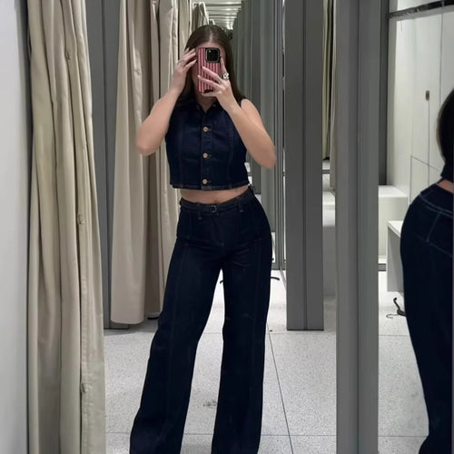 Damen weit geschnittene Jeanshose mit Bindegürtel und eleganter Silhouette Drune