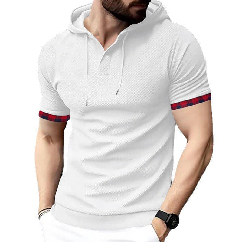 Herren nan figurbetontes Kurzarm-Kapuzenpoloshirt mit Henley-Blende und Kordelzug Drune