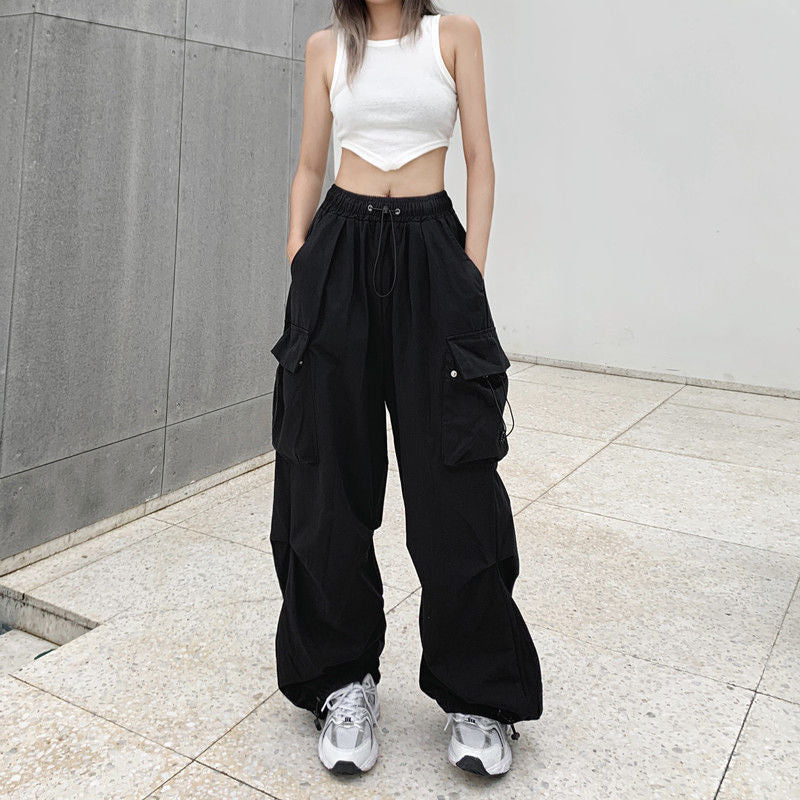 Damen nan weite Cargo-Hose mit Tunnelzugbund, verstellbarem Saum und Mehrfachtaschen Drune
