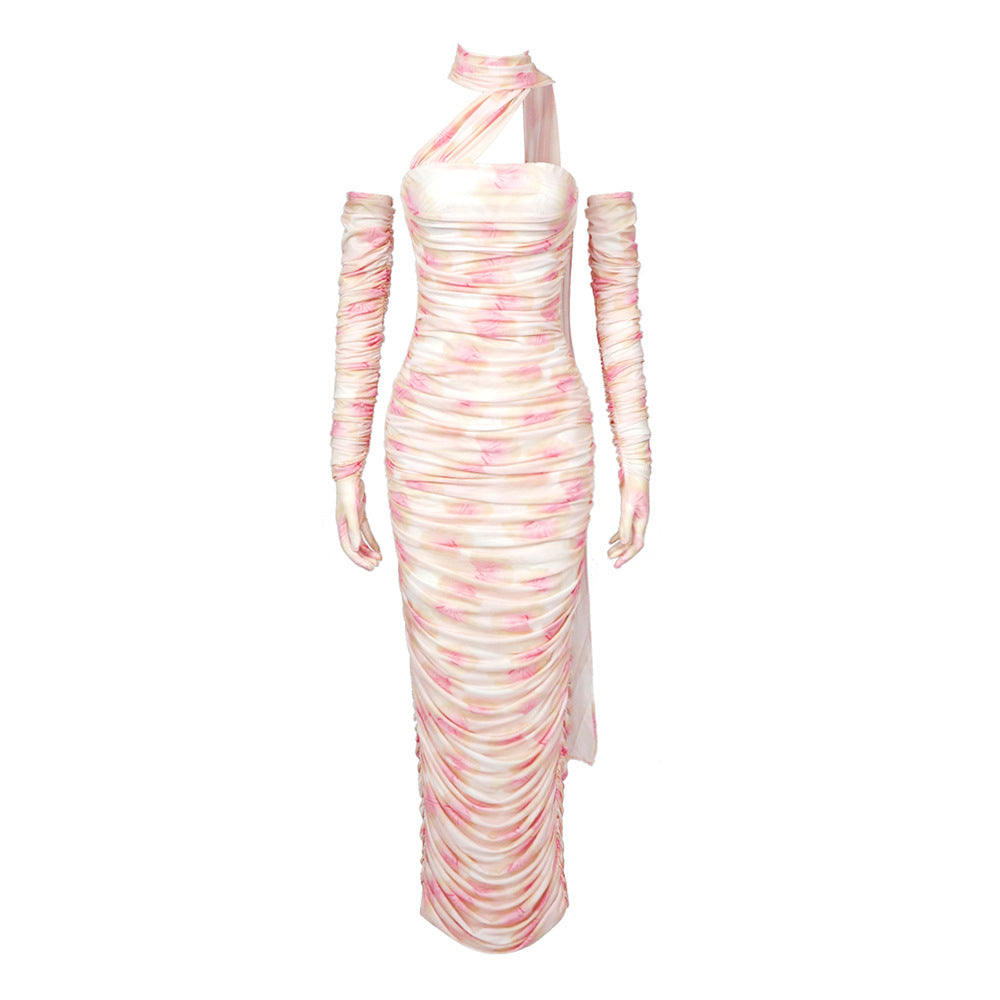 Damen figurbetontes Kleid mit asymmetrischen Ärmeln und stilvollem Drapée Drune