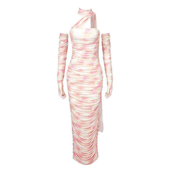 Damen figurbetontes Kleid mit asymmetrischen Ärmeln und stilvollem Drapée Drune