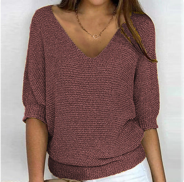 Damen nan lässiger Strickpullover mit V-Ausschnitt und Fledermausärmeln Drune