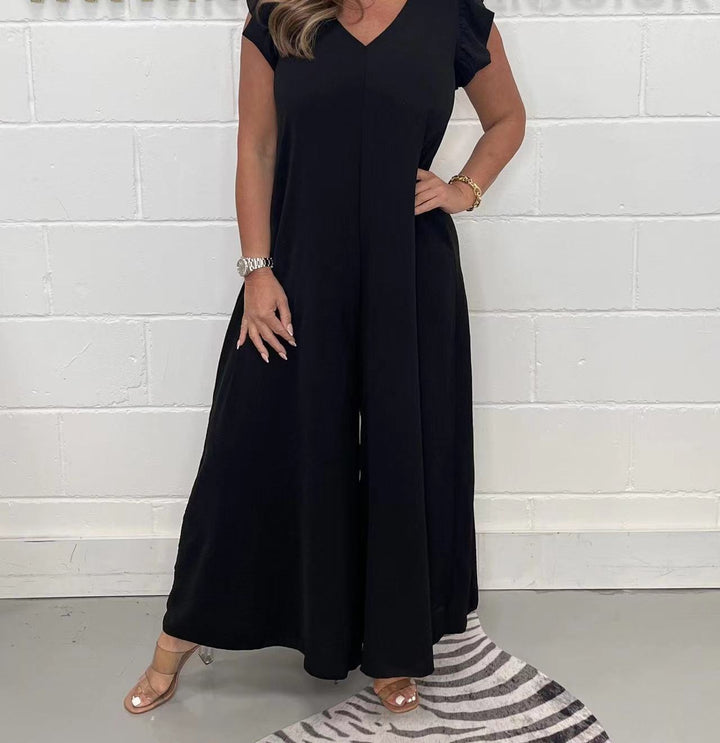 Damen gehobener Jumpsuit mit voluminösen Rüschenärmeln und V-Ausschnitt Drune