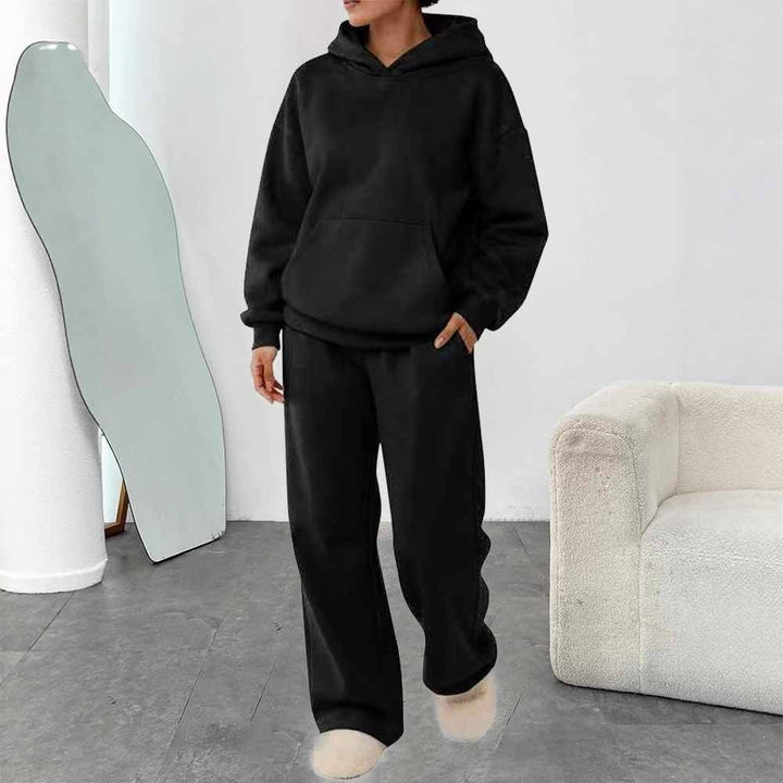 Damen nan zweiteiliges Freizeit-Lounge-Set mit Kapuzenpullover, Kängurutasche und gerader Loungehose aus weichem Baumwollmix Drune