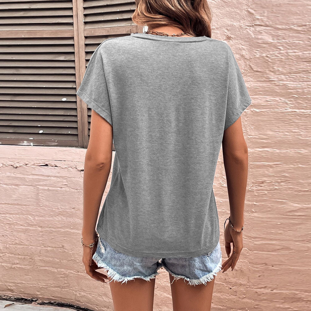 Damen lässiges V-Ausschnitt T-Shirt mit überschnittenen Ärmeln Drune