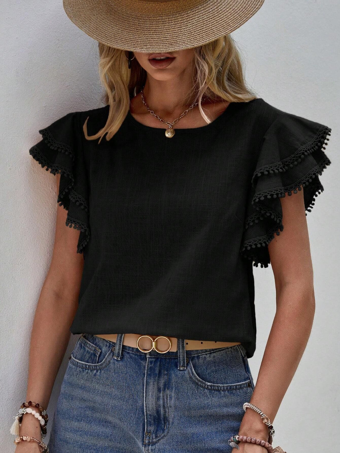 Damen Bluse mit Volantärmeln und Pompon-Spitzenbesatz Drune