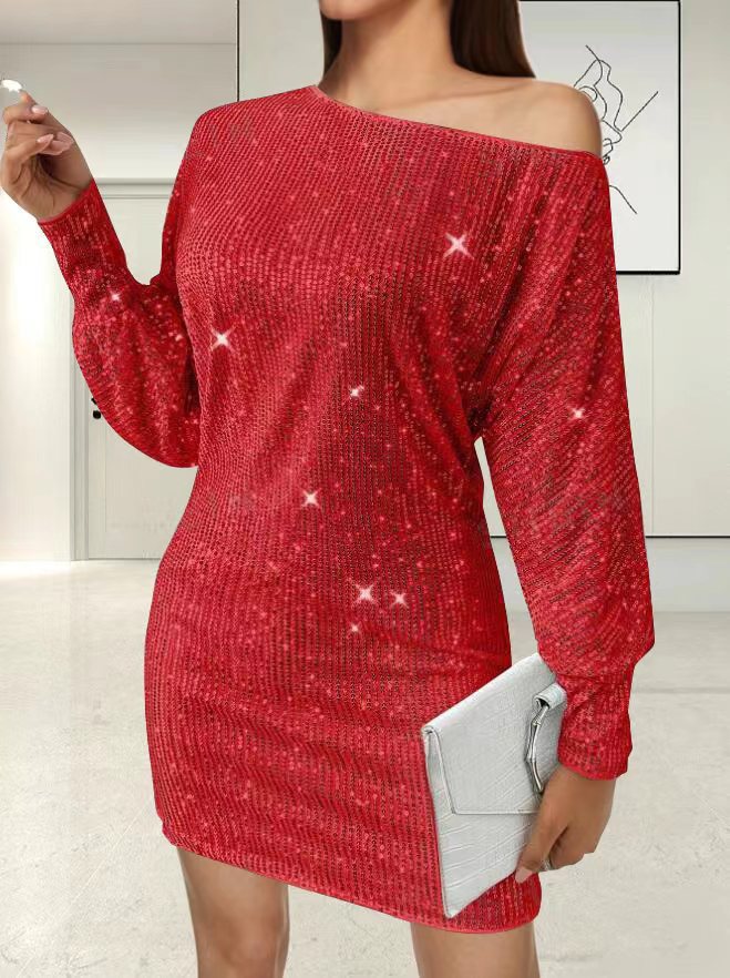 Damen Glamouröses Minikleid mit asymmetrischem Schulterdesign und Funkeleffekten Drune