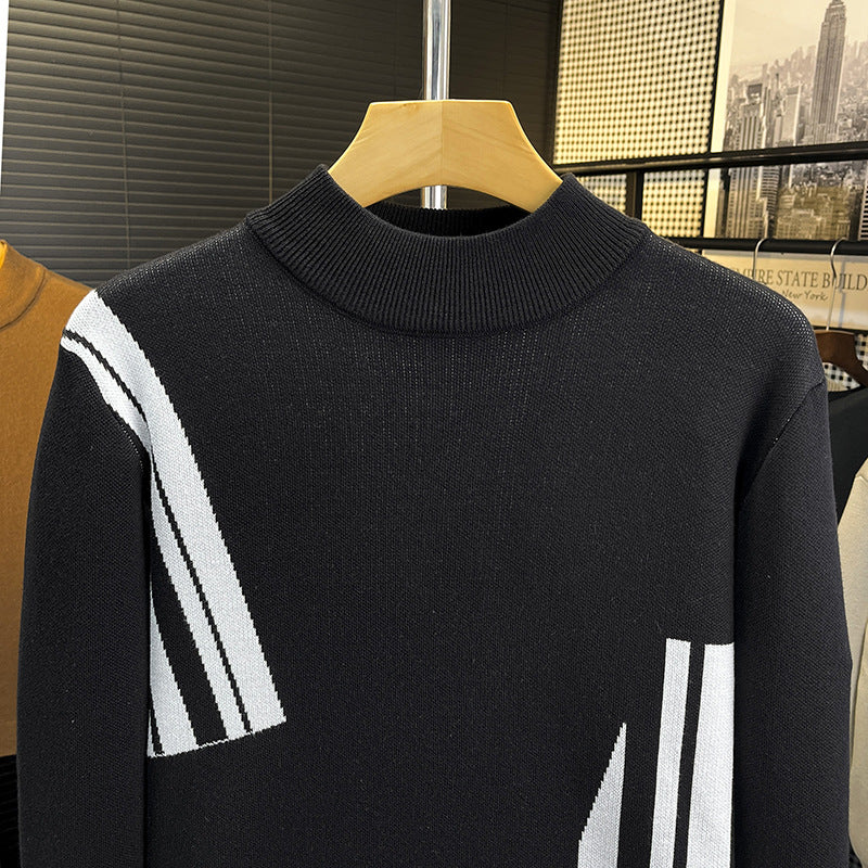 Herren Feinstrick-Pullover mit kurzem Stehkragen und geometrischem Intarsia-Design Drune