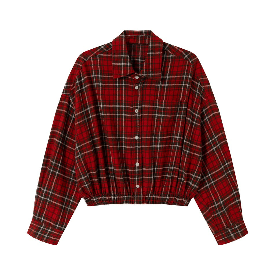 Damen Kurz geschnittene Oversize-Hemdjacke im Karo‑Flanell mit Gummizugsaum Drune