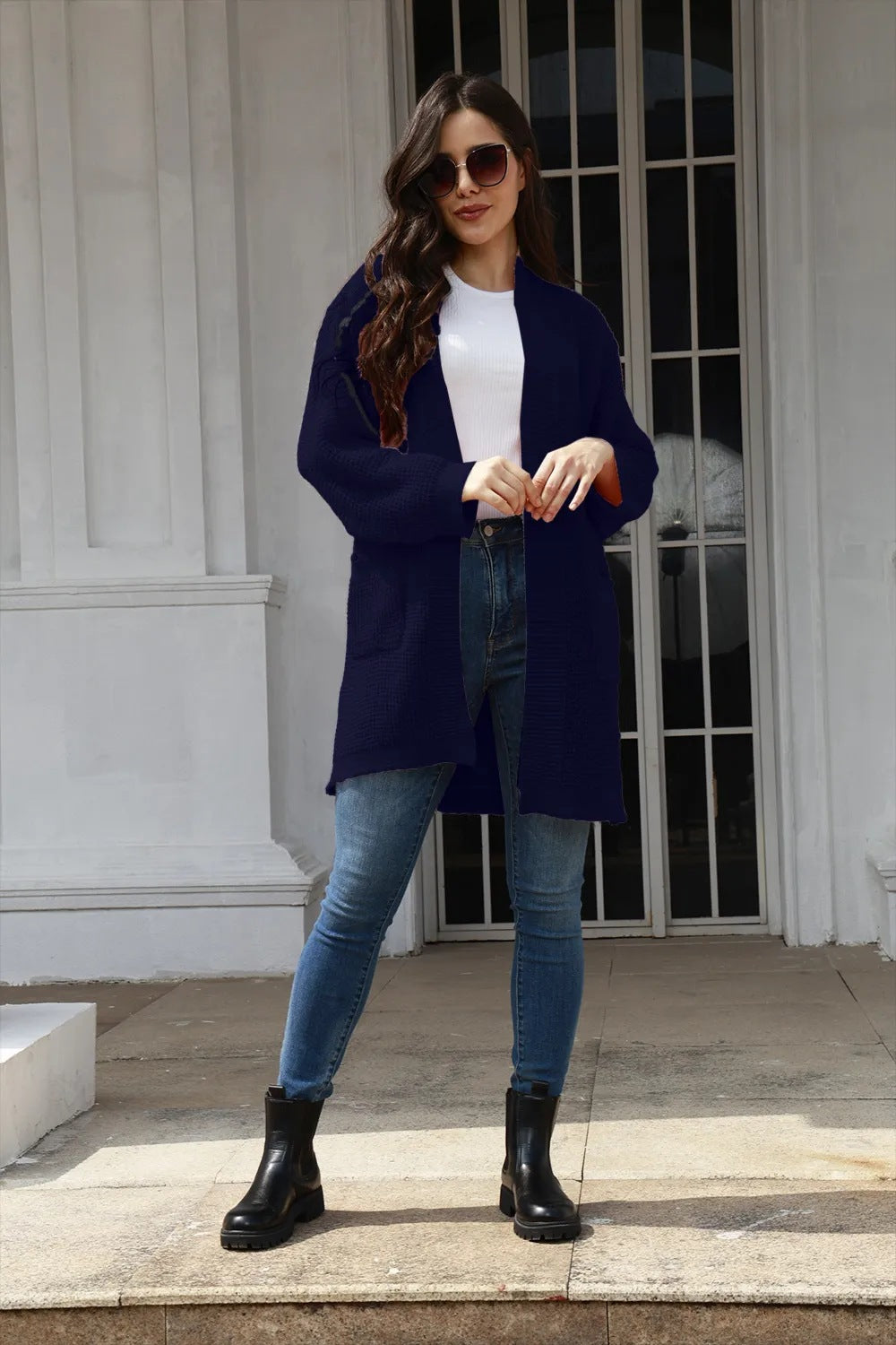 Damen lässiger Strickmantel mit offenen Vorderteilen und tiefen Taschen Drune