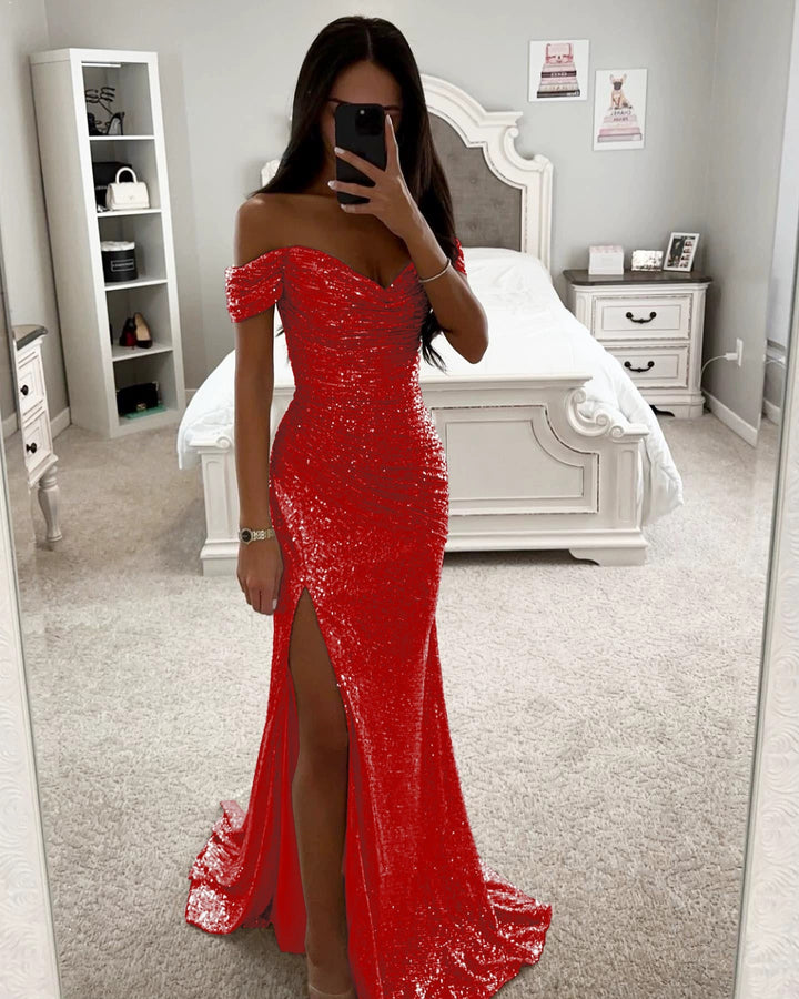 Damen Glitzerndes Off-Shoulder Abendkleid mit seitlichem Schlitz Drune