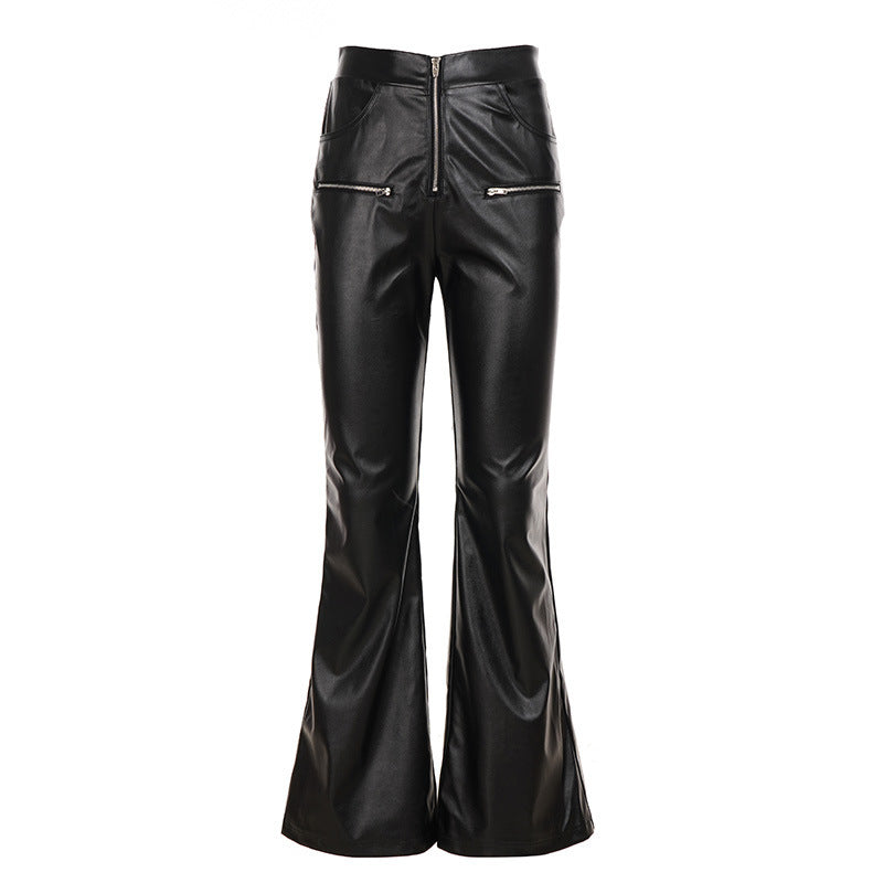 Damen Hochgeschnittene Kunstleder-Flared-Hose mit Frontreißverschluss und Zier-Reißverschlusstaschen Drune