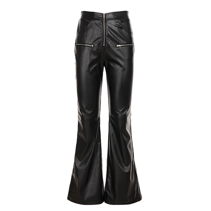 Damen Hochgeschnittene Kunstleder-Flared-Hose mit Frontreißverschluss und Zier-Reißverschlusstaschen Drune