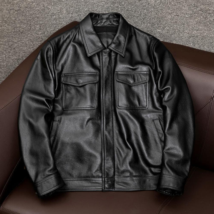 Herren Overshirt-Lederjacke mit Brusttaschen und verdecktem Reißverschluss Drune