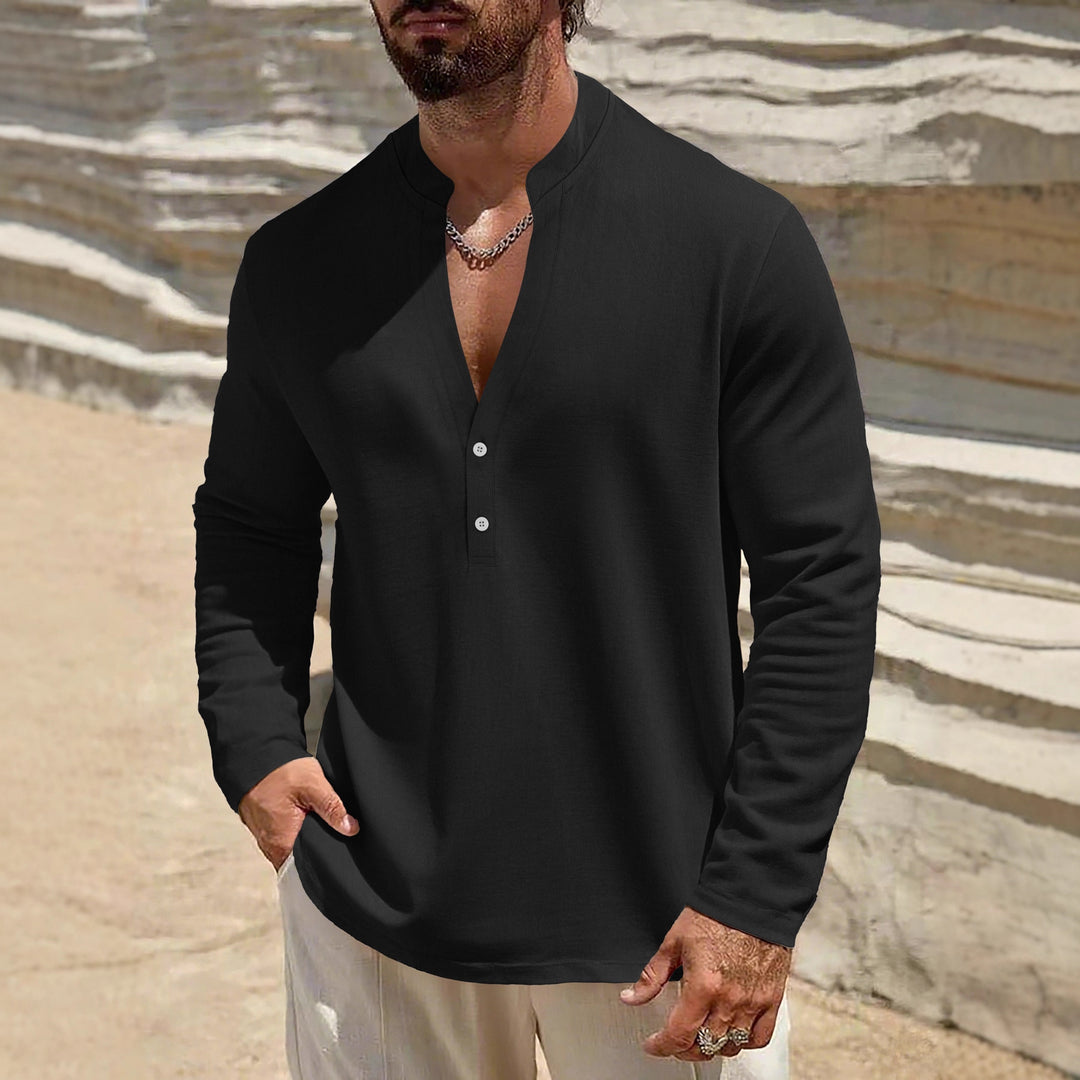 Herren Leichtes Leinen-Henley mit Stehkragen und 2-Knopf-Blende Drune