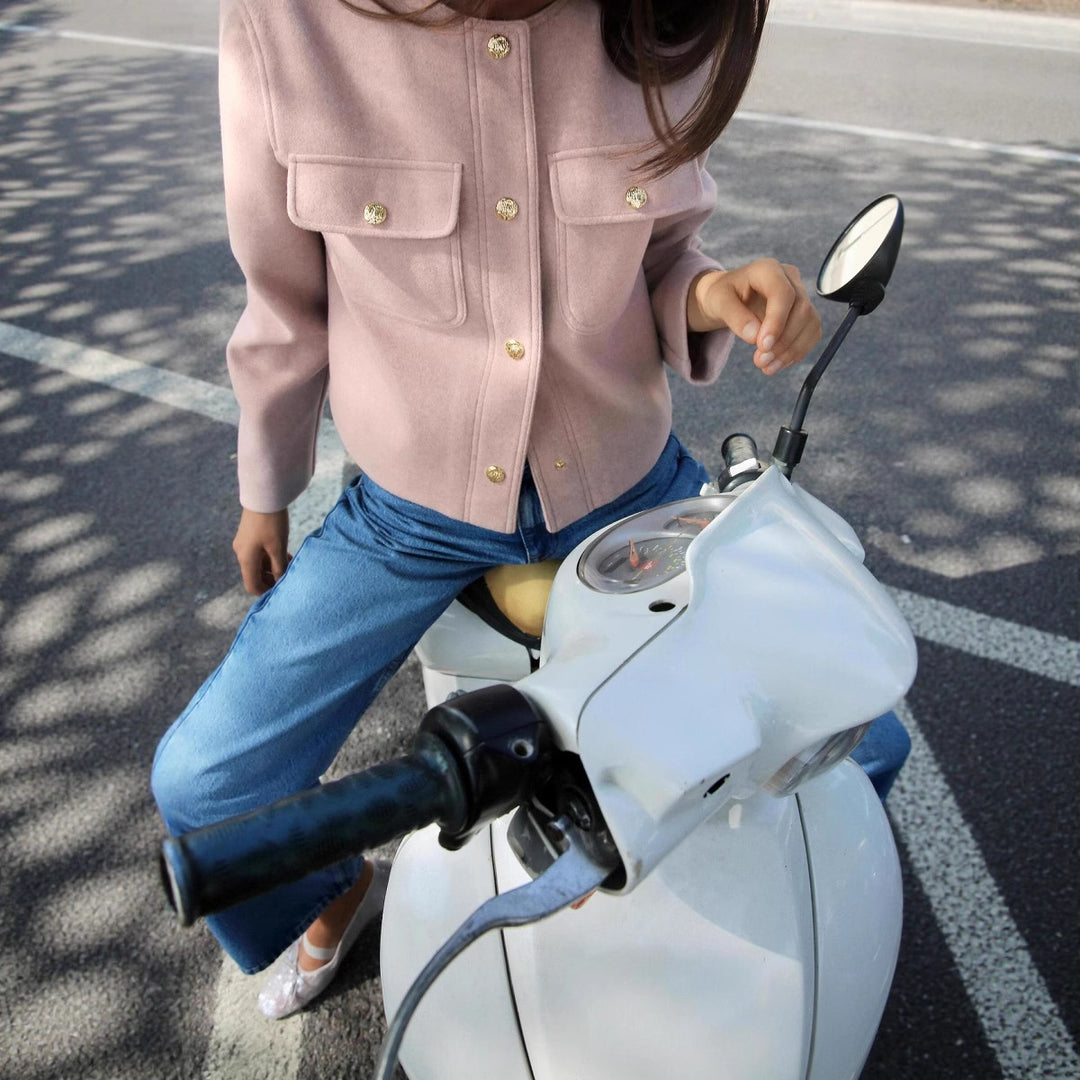 Damen nan kurz geschnittene Overshirt-Jacke mit Rundhals, Druckknopfleiste und aufgesetzten Pattentaschen Drune