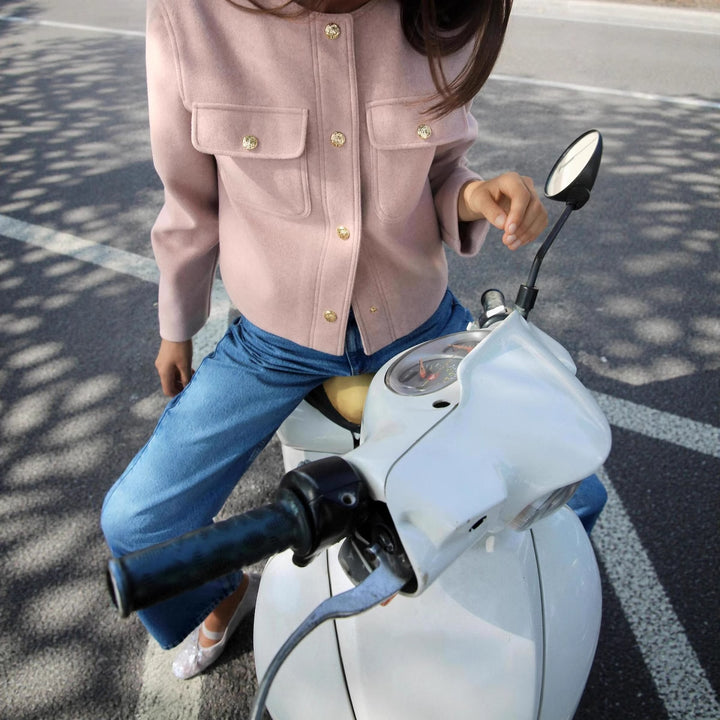 Damen nan kurz geschnittene Overshirt-Jacke mit Rundhals, Druckknopfleiste und aufgesetzten Pattentaschen Drune