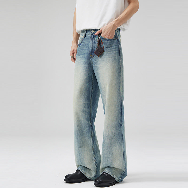 Herren Tiefsitzende Fließende Denim‑Schlaghose mit verlängertem Saum und Used‑Finish Drune