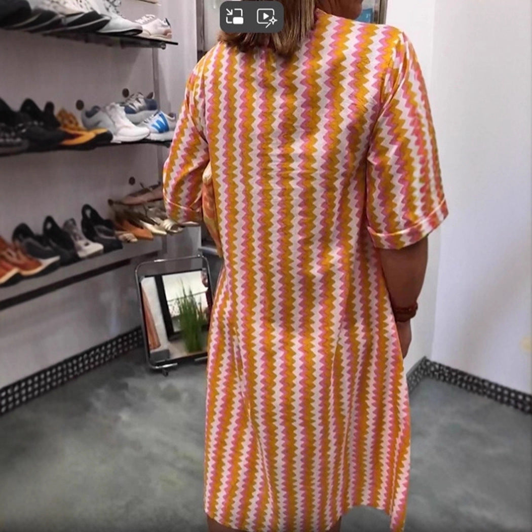 Damen nan Midikleid mit Unterbrustnaht, V-Ausschnitt, Knopfleiste und krempelbaren dreiviertelärmeln Drune