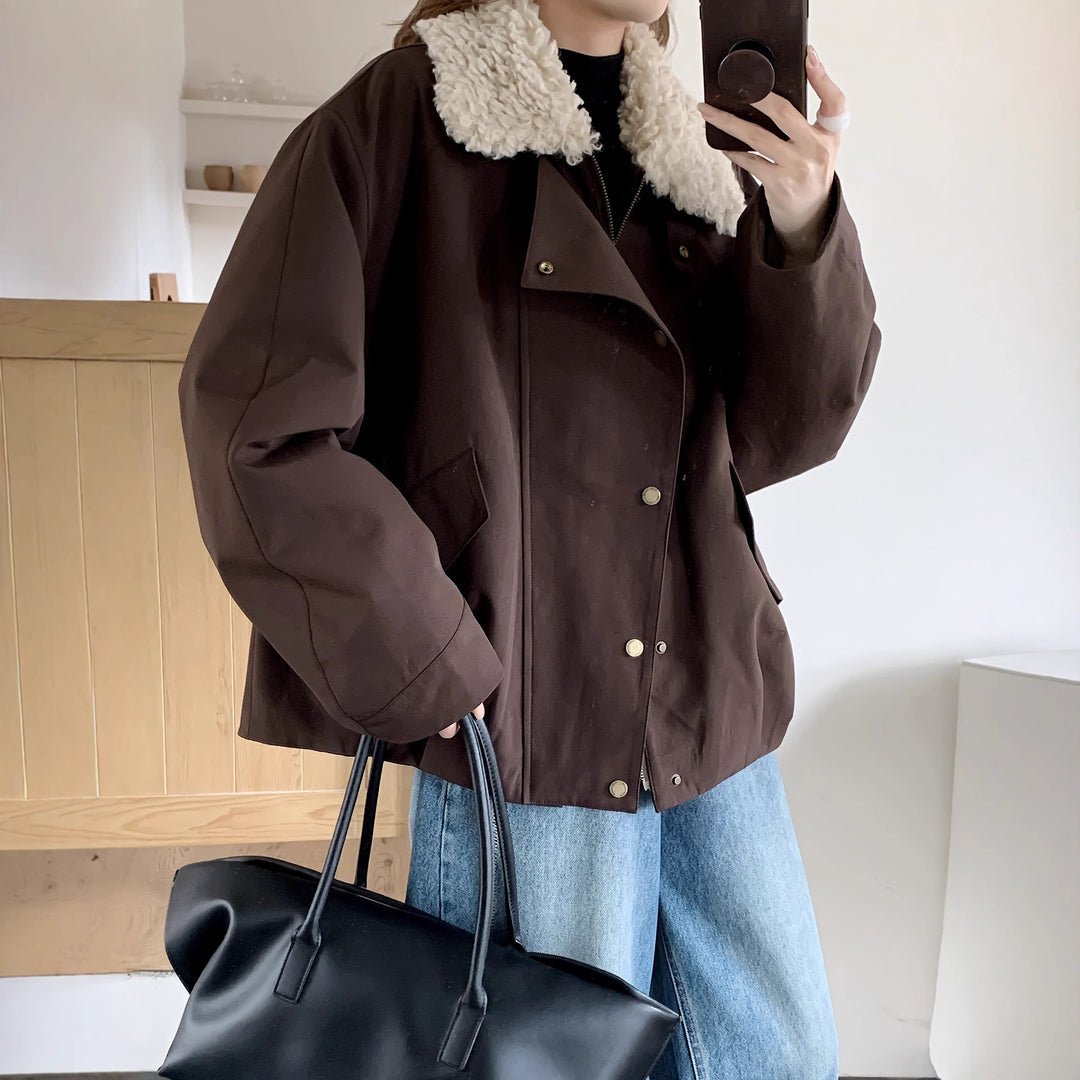 Damen Oversize-Utilityjacke mit hohem Teddykragen und Druckknopfleiste Drune