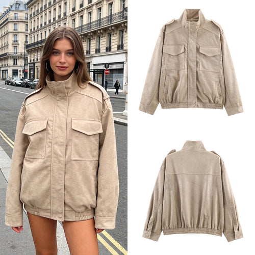 Damen Kurzjacke im Military-Stil mit Schulterklappen, aufgesetzten Brusttaschen und elastischem Saum Drune