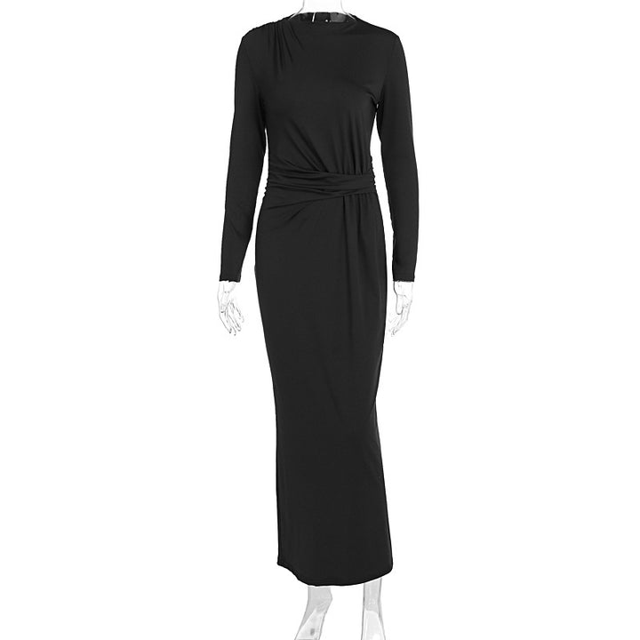 Damen figurbetontes Maxikleid mit eleganten Drapierungen und langem Arm Drune