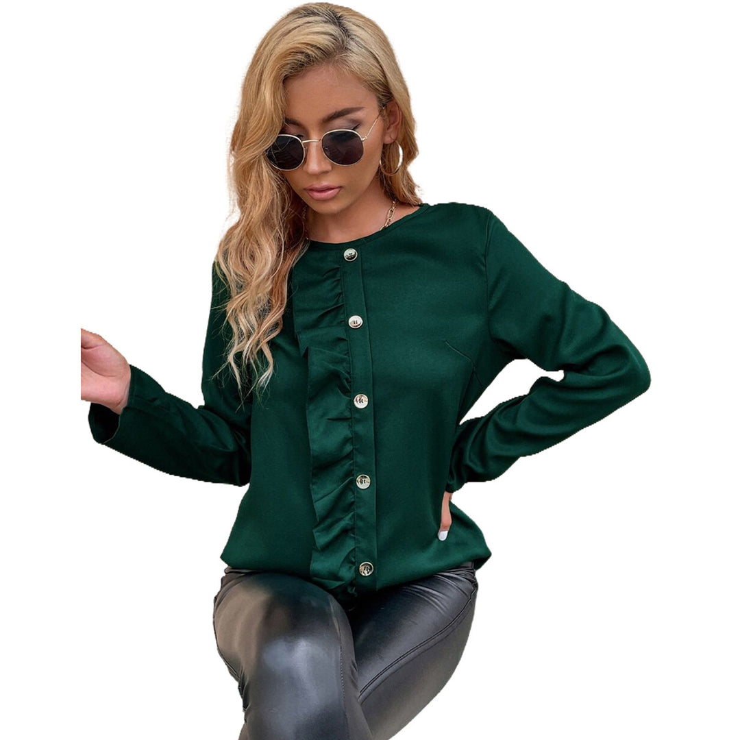 Damen elegantes Blusenshirt mit Rüschendetails und Knopfverzierung Drune