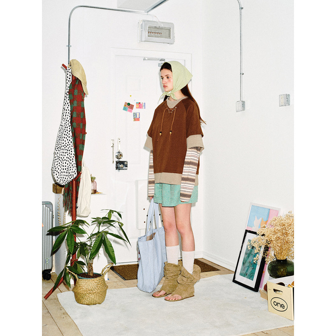 Damen Lagenlook-Sweatshirt mit Schnürung, gestreiften Ärmel-Einsätzen und asymmetrischem Saum Drune