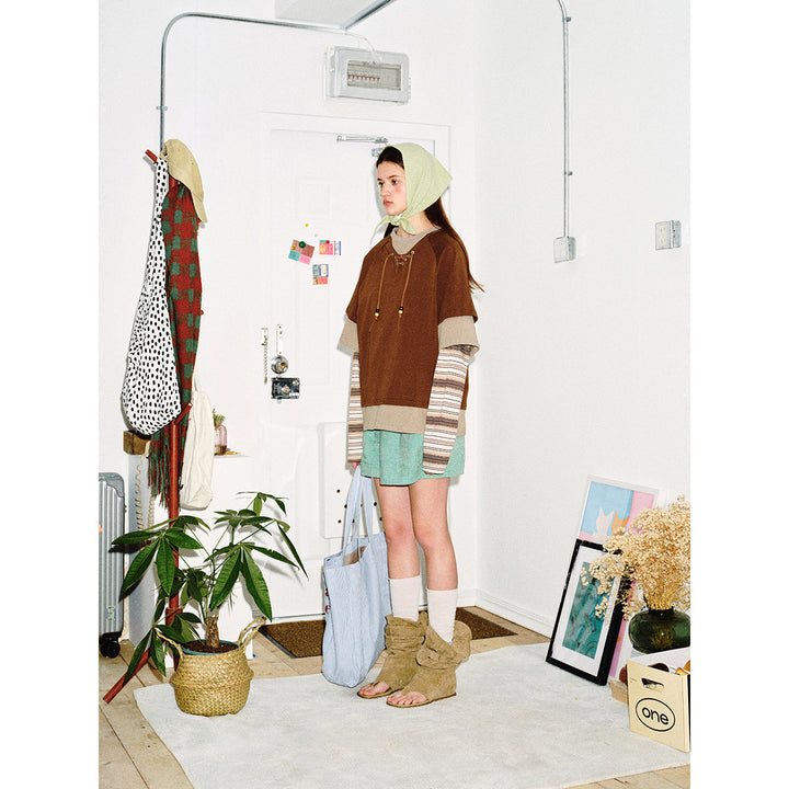 Damen Lagenlook-Sweatshirt mit Schnürung, gestreiften Ärmel-Einsätzen und asymmetrischem Saum Drune