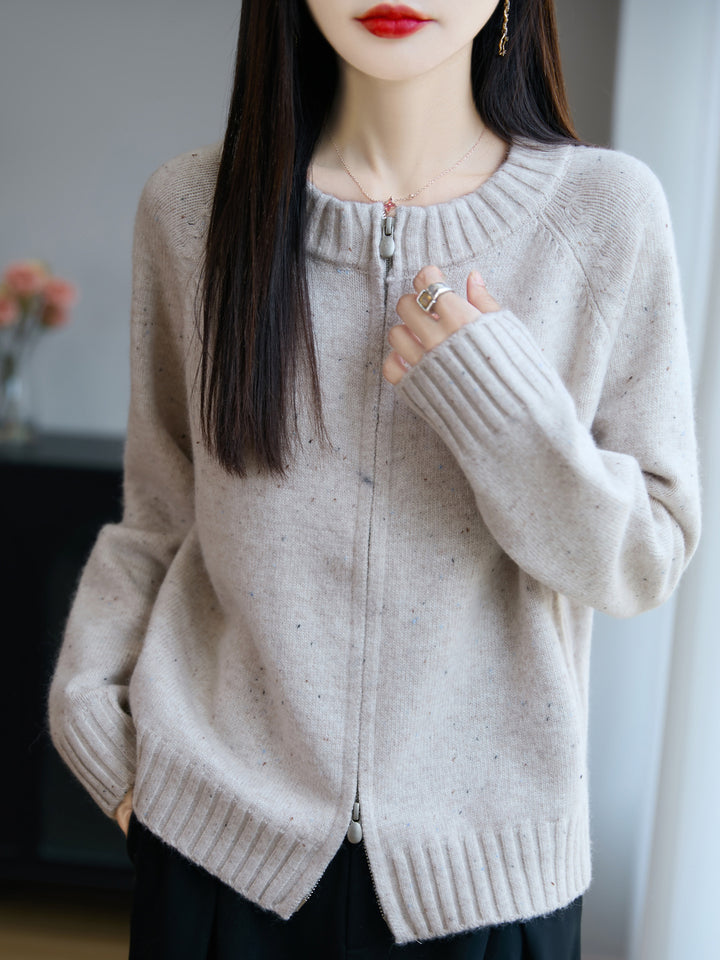 Damen Zip-Strickjacke mit Rundhalsausschnitt, feinem Nep‑Garn und gerippten Abschlüssen Drune