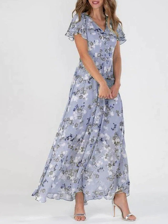 Damen Maxikleid mit floralem Chiffon-Stoff und transparenten Ärmeln Drune