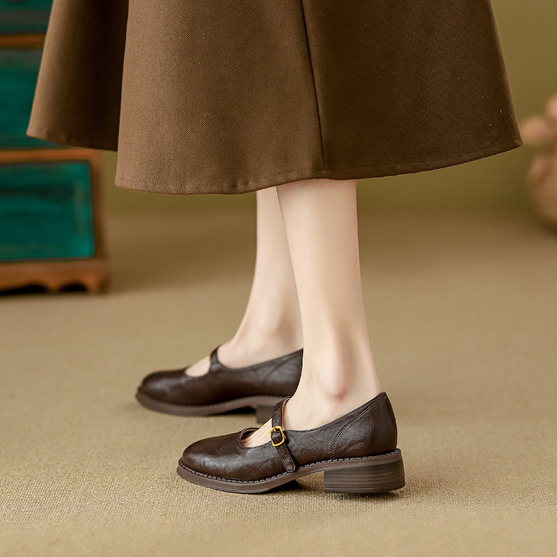 Damen Klassische Leder Mary Jane Ballerinas mit Verstellbarem Schnalle Drune