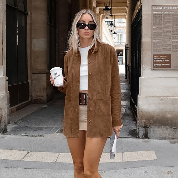Damen Modische Wildlederjacke mit Druckknopfverschluss und praktischen Taschen Drune