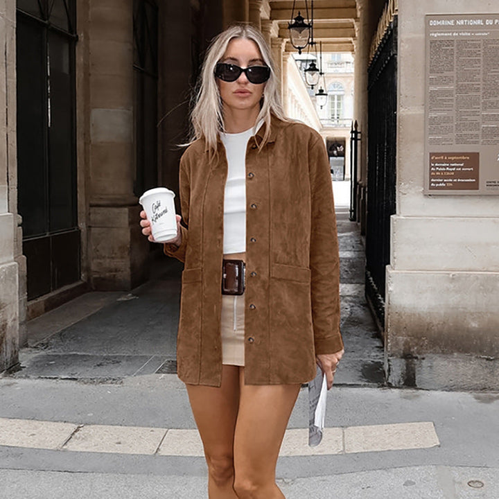 Damen Modische Wildlederjacke mit Druckknopfverschluss und praktischen Taschen Drune