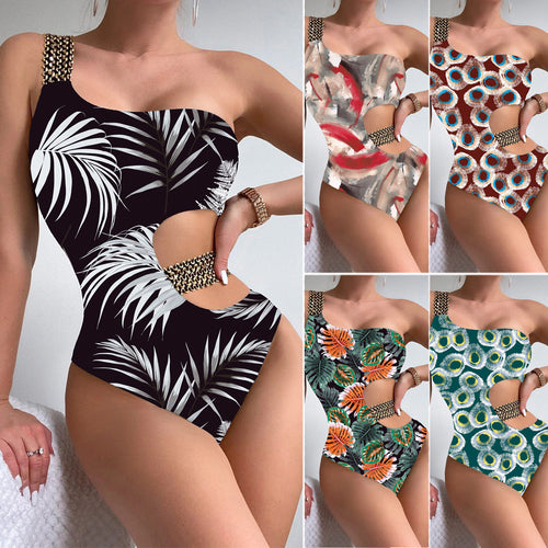 Damen Einteiliger Designer-Badeanzug mit asymmetrischem Schnitt und modischem Trägerriemen Drune