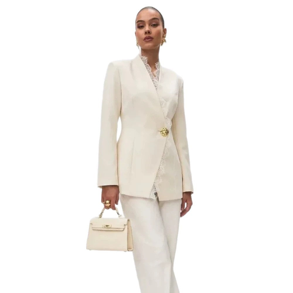 Damen Taillierter Blazer mit Spitzenbesatz und Zierknopf Drune