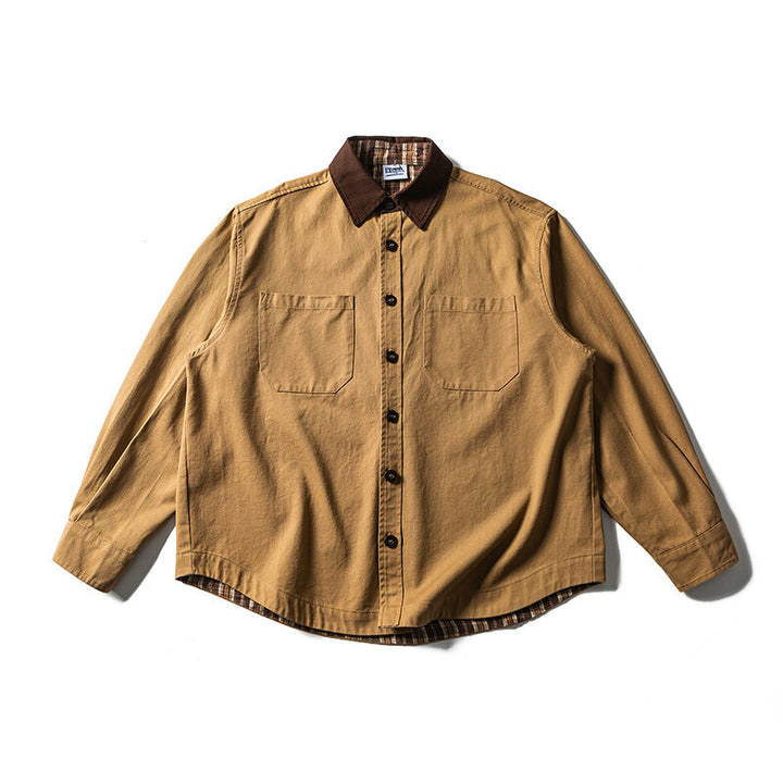 Unisex Oversize Hemdjacke mit Kontrastkragen und kariertem Innenfutter Drune