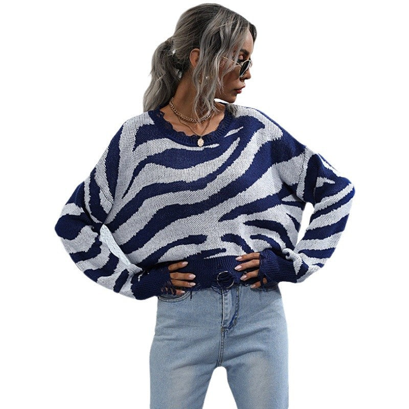 Damen Oversized Strickpullover mit modernem Zebra-Design und weitem Schnitt Drune