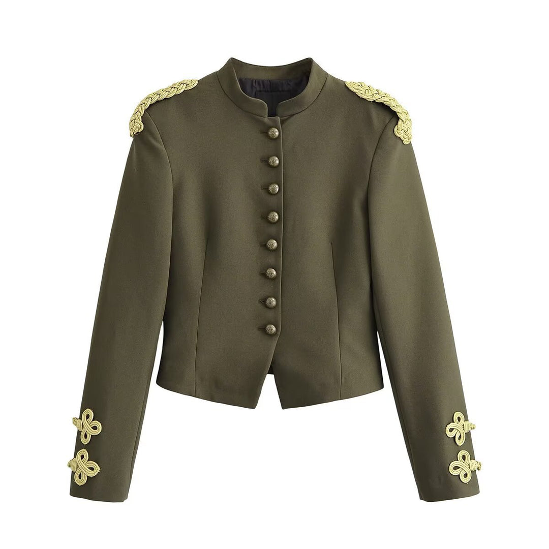 Damen taillierte militärische Kurzjacke mit Stehkragen, Epauletten und verzierten Zierknoten Drune