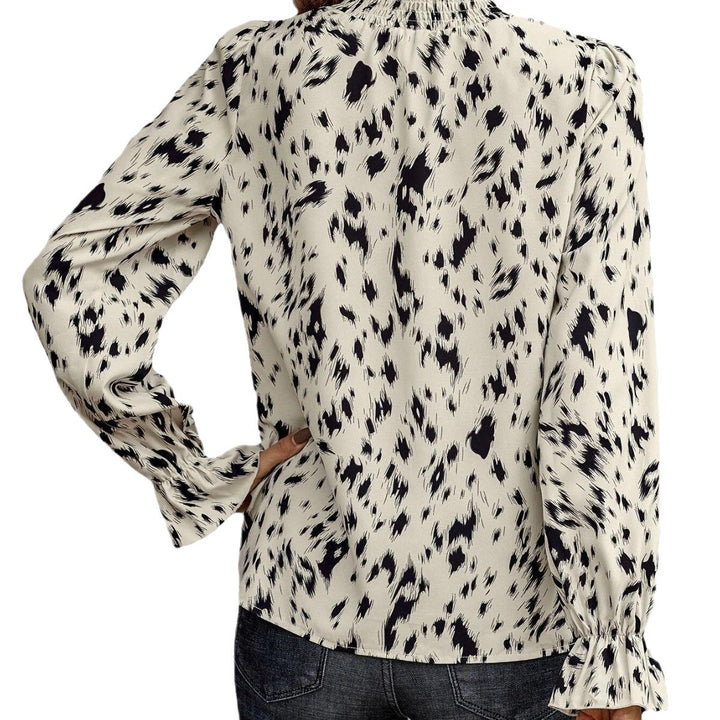 Damen Langarm-Chiffonbluse mit gerafftem Stehkragen und Fleckenmuster Drune