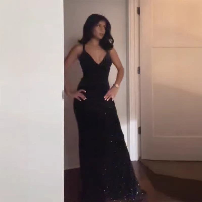 Damen glamouröses Abendkleid mit glitzerndem Paillettenbesatz und tiefem V-Ausschnitt Drune